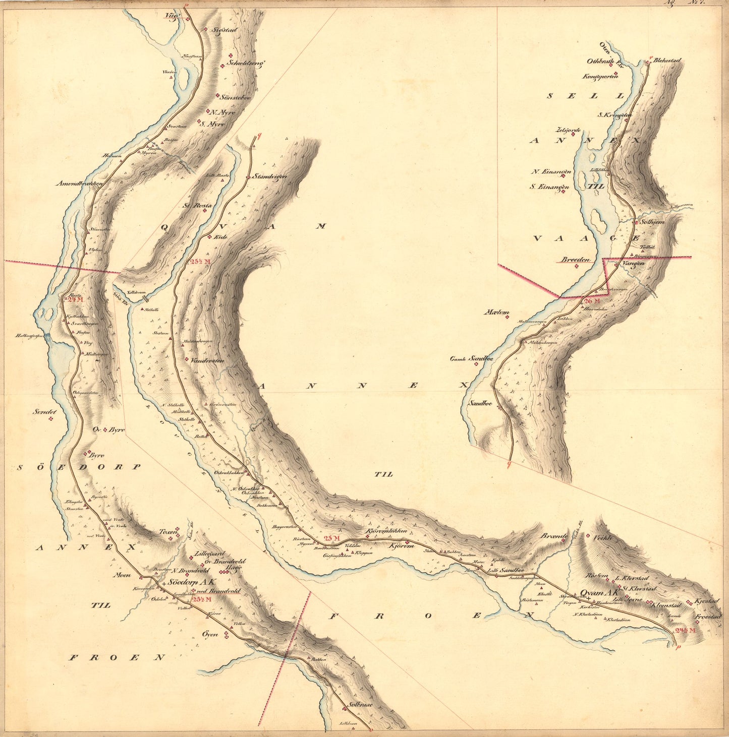 Kartblad nr 7: Kaart over Postveien fra Korsødegaarden til Trondhjem igjennom Gulbrandsdalen over Dovrefjeld: Oppland