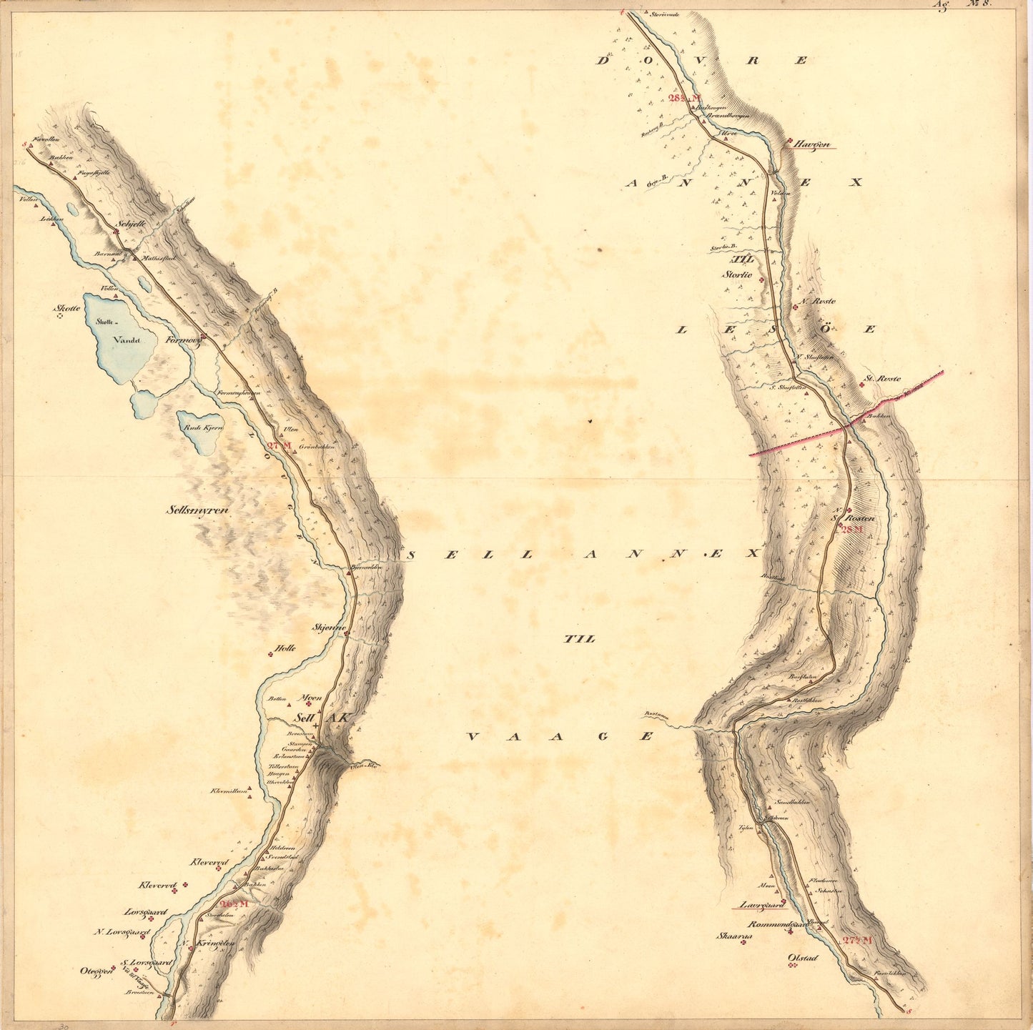 Kartblad nr 8: Kaart over Postveien fra Korsødegaarden til Trondhjem igjennom Gulbrandsdalen over Dovrefjeld: Oppland