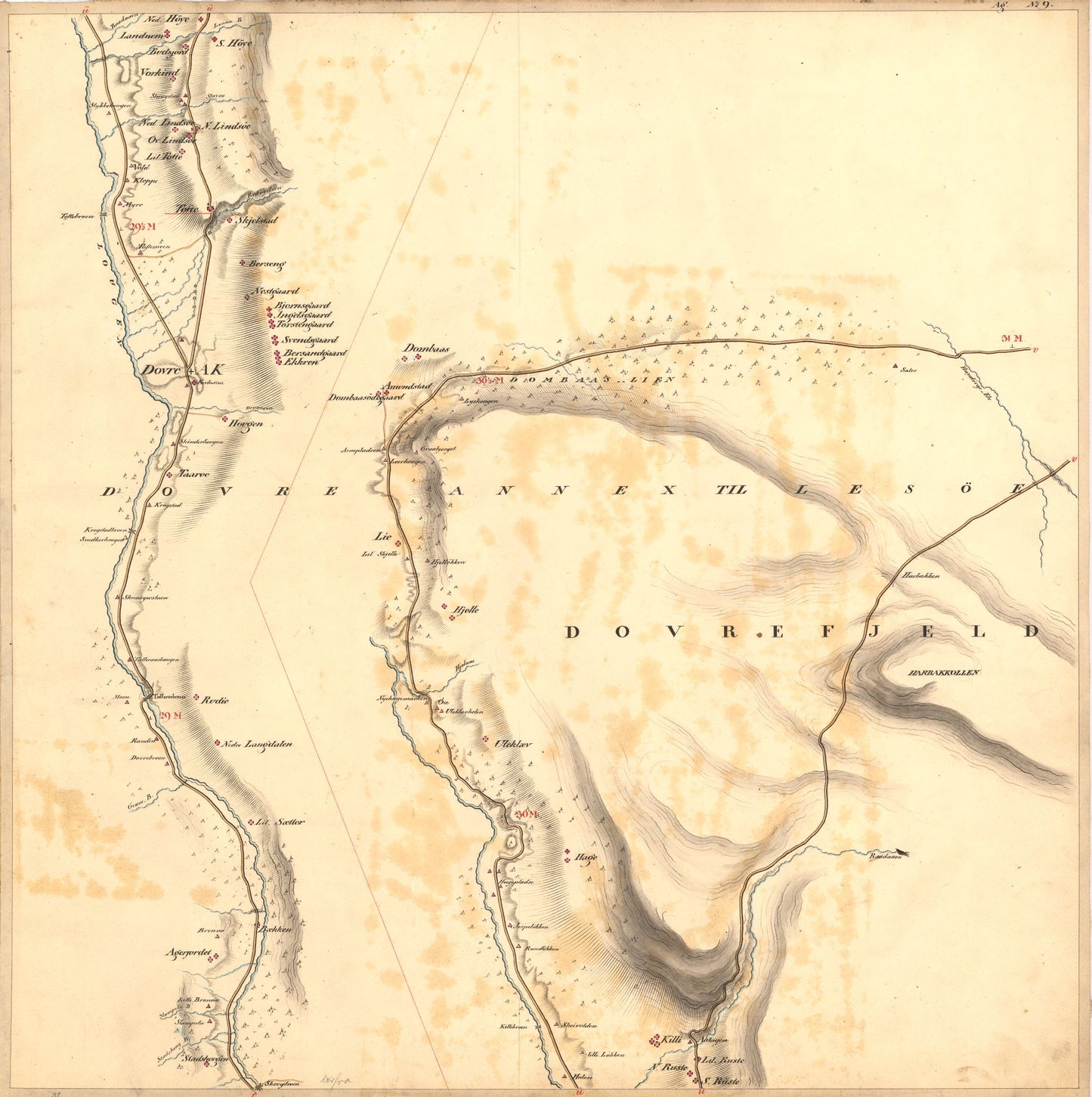 Kartblad nr 9: Kaart over Postveien fra Korsødegaarden til Trondhjem igjennom Gulbrandsdalen over Dovrefjeld: Oppland