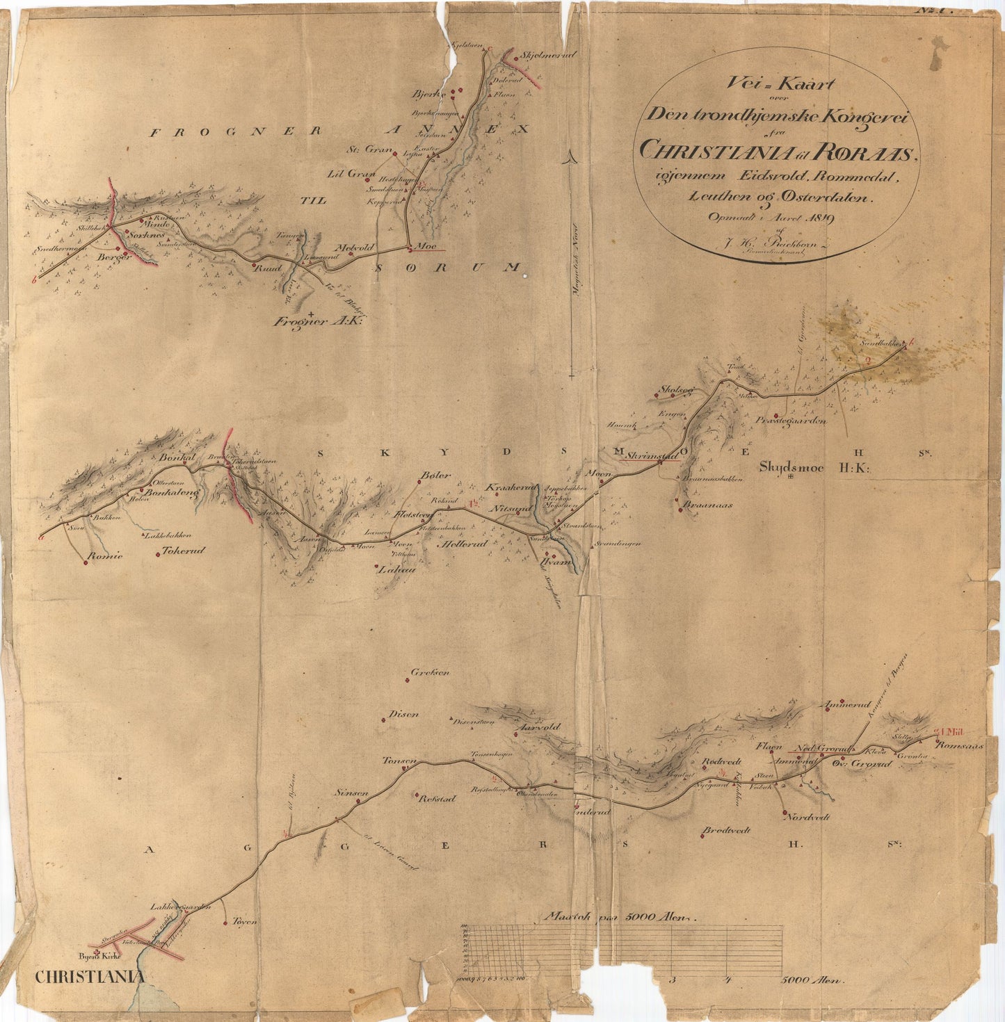 Kartblad I: Vei-kaart over den trondhjemske Kongevei fra Christiania til Røraas gjennom Eidsvold; Rommedal; Levthen og Østerdalen: Akershus | Oslo