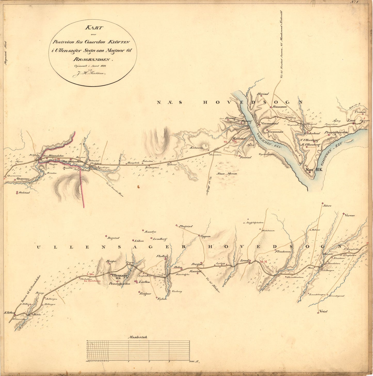 Kartblad I: Kart over Postveien fra Gaarden Kløften i Ullensager Sogn om Magnor til Rigsgrændsen: Akershus