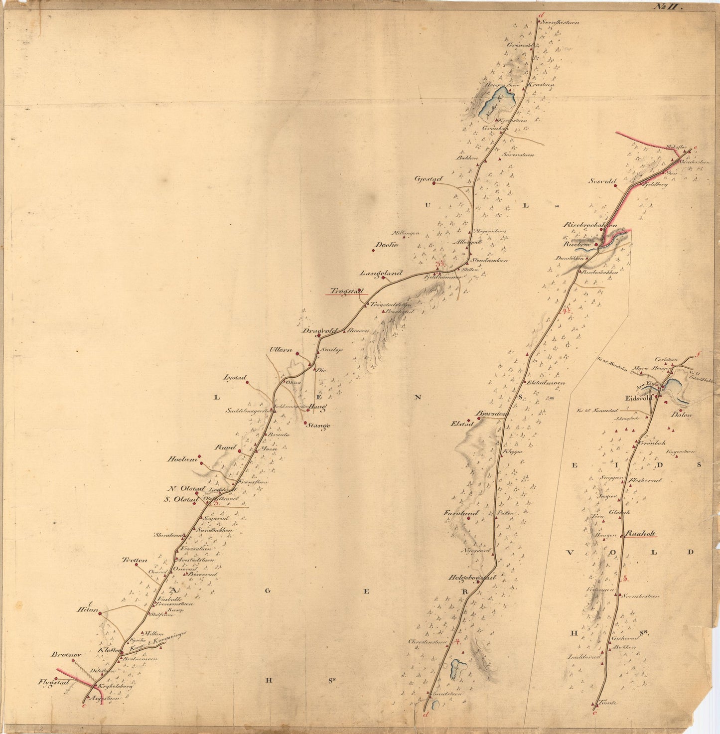 Kartblad II: Vei-kaart over den trondhjemske Kongevei fra Christiania til Røraas gjennom Eidsvold; Rommedal; Levthen og Østerdalen: Akershus