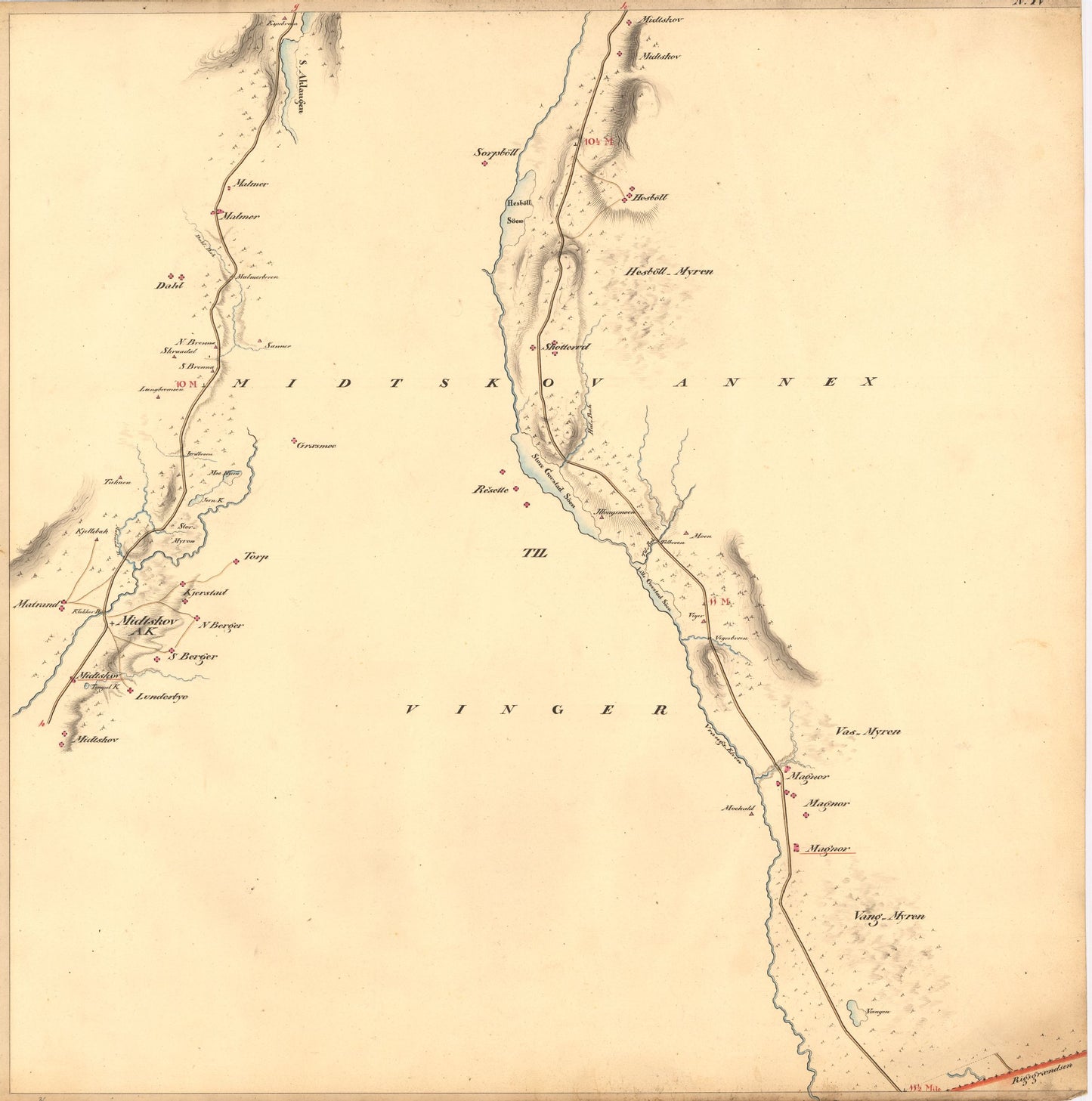 Kartblad IV: Kart over Postveien fra Gaarden Kløften i Ullensager Sogn om Magnor til Rigsgrændsen: Hedmark
