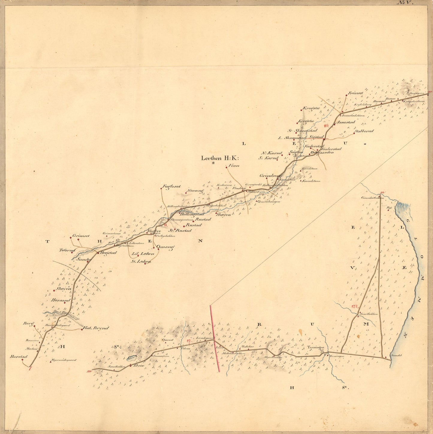 Kartblad V: Vei-kaart over den trondhjemske Kongevei fra Christiania til Røraas gjennom Eidsvold; Rommedal; Levthen og Østerdalen: Hedmark