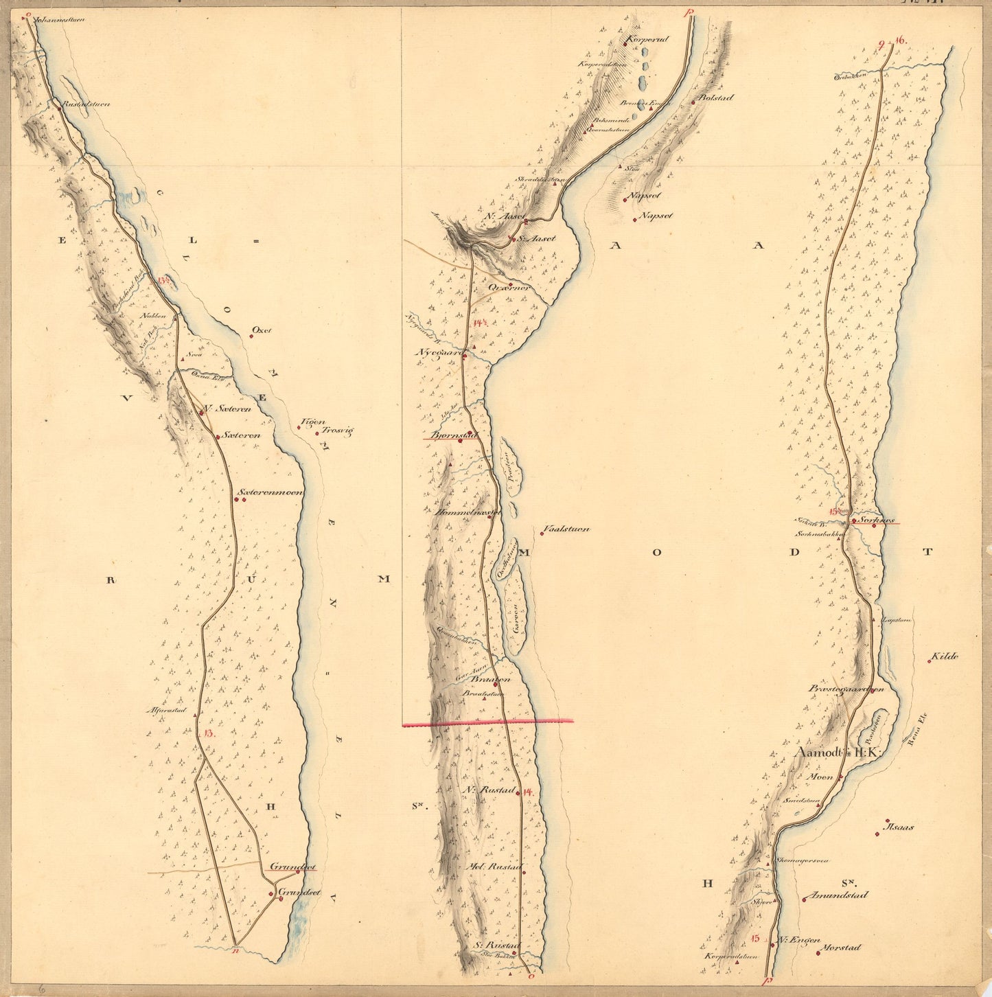 Kartblad VI: Vei-kaart over den trondhjemske Kongevei fra Christiania til Røraas gjennom Eidsvold; Rommedal; Levthen og Østerdalen: Hedmark