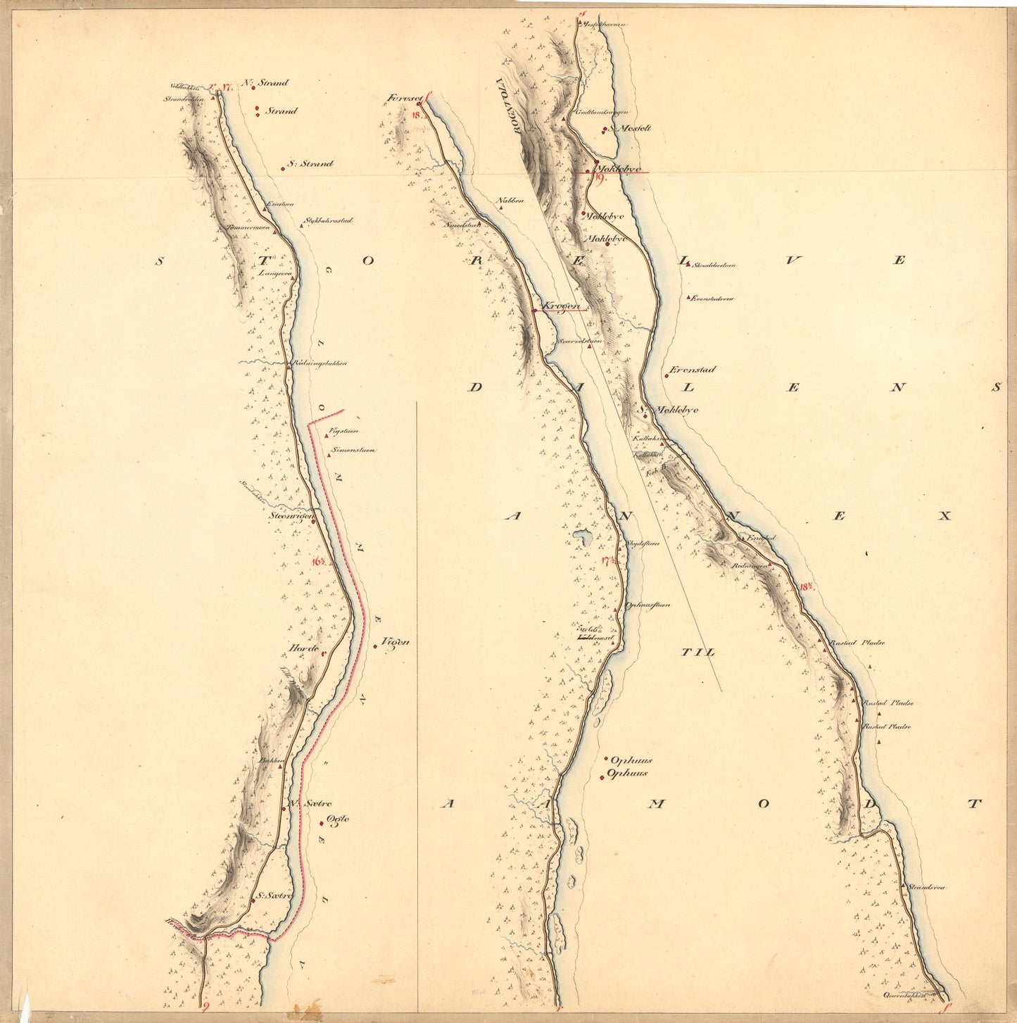Kartblad VII: Vei-kaart over den trondhjemske Kongevei fra Christiania til Røraas gjennom Eidsvold; Rommedal; Levthen og Østerdalen: Hedmark