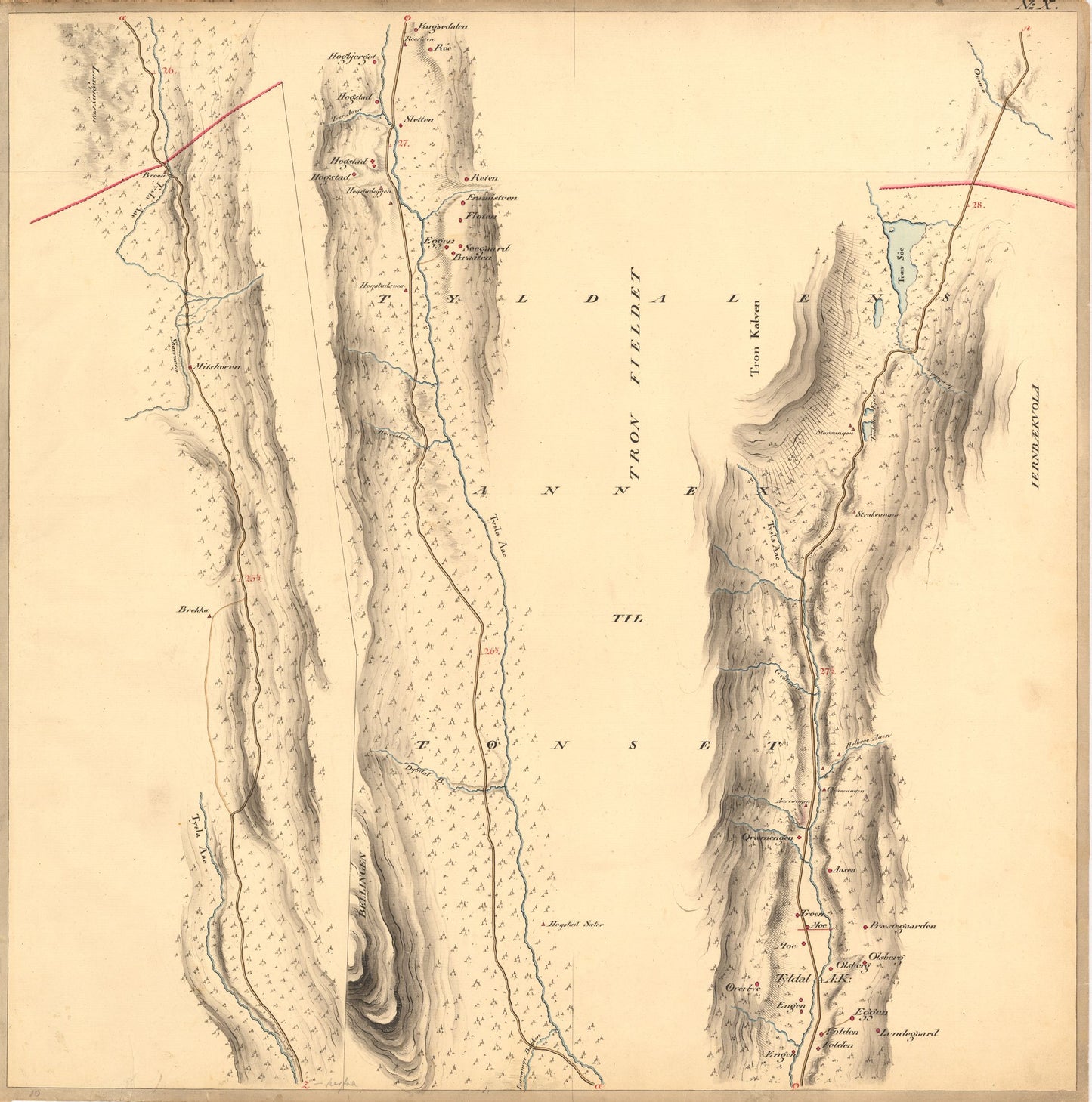 Kartblad nr X: Vei-kaart over den trondhjemske Kongevei fra Christiania til Røraas gjennom Eidsvold; Rommedal; Levthen og Østerdalen: Hedmark