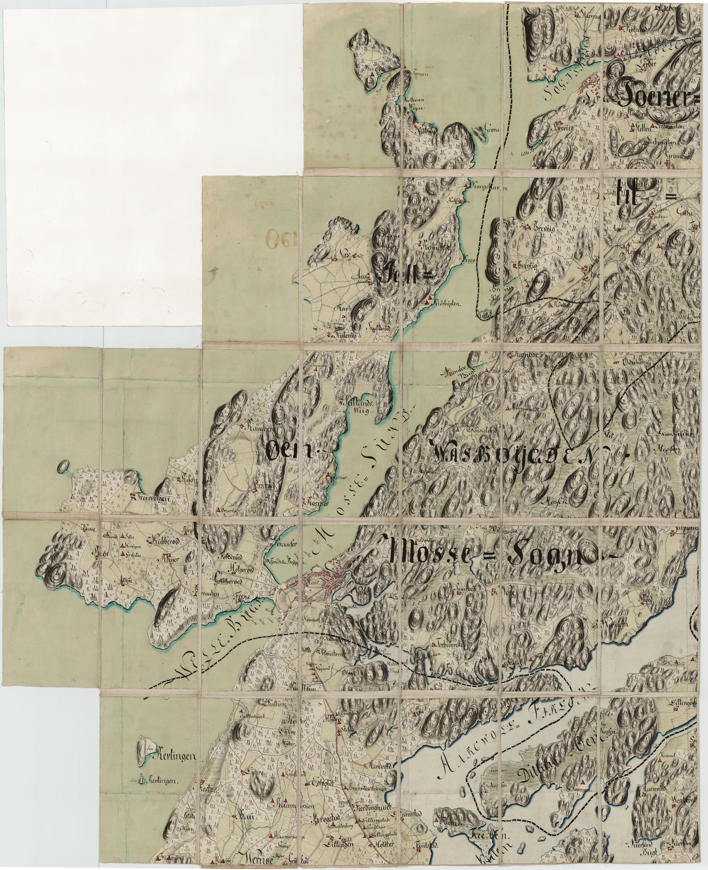 Kart over Onsø, Gleminge, Thunø, Raade, Rygge, en del av Vaaler, Svindal, Skibtvedt, Moss og Vassbygden, Jeløen og Soner, del 1 vest: Østfold