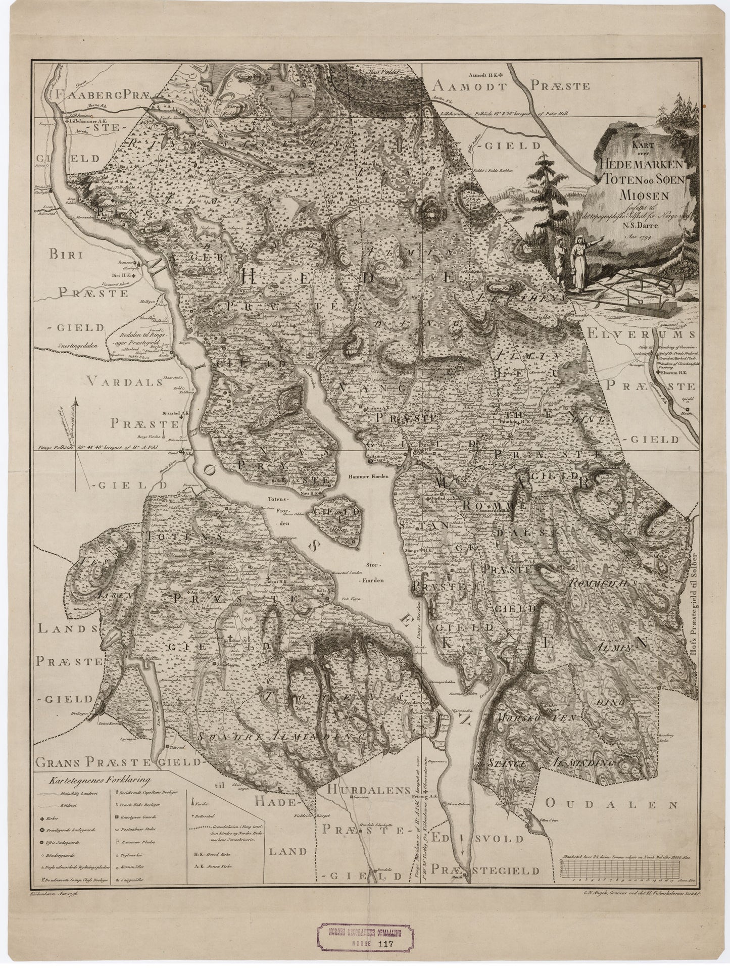 Norge 117: Kart over Hedemarken; Toten og Søen Mjøsen: Hedmark | Oppland