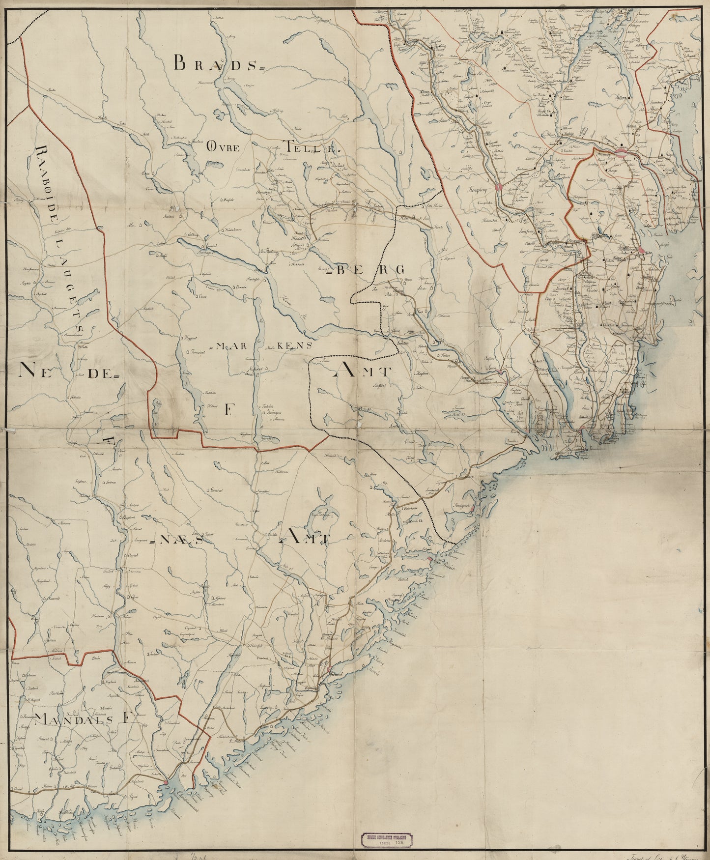 Norge 136: Veikart over en Del av Akershus; Buskerud; Grevskabernes; Bratsberg og Nedenæs Amter: Norge