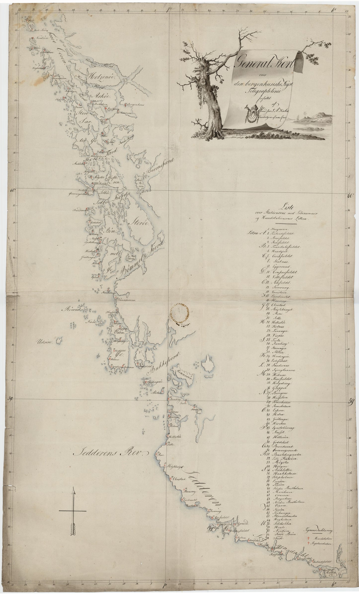 Norge 261: Generalkort over den bergenshusiske Telegraphlinie: Norge