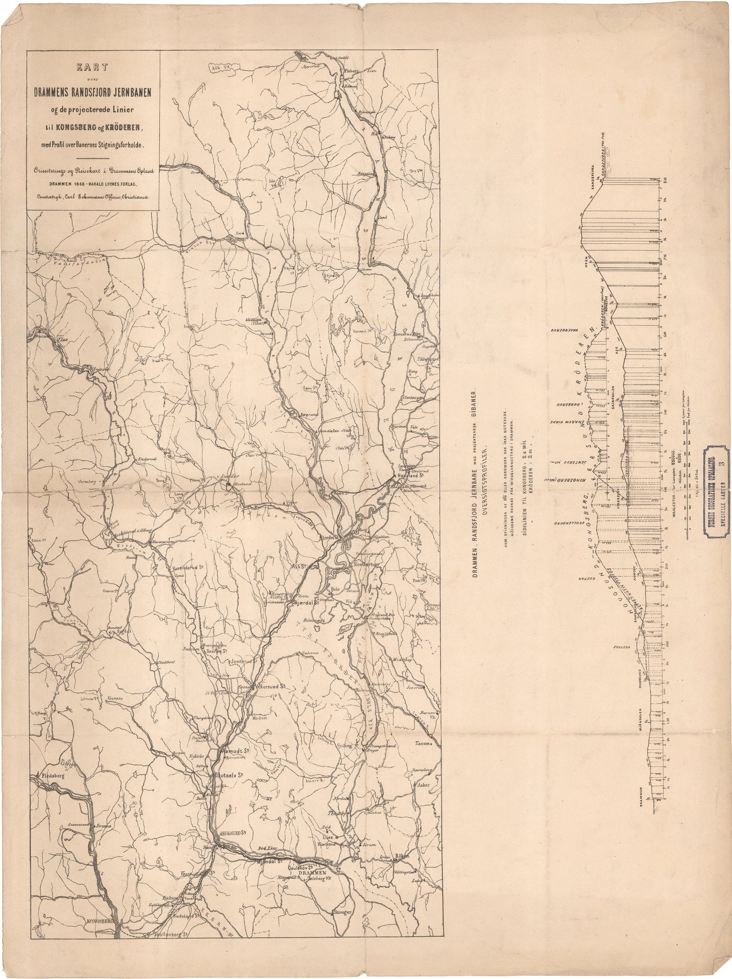 Kart over Drammen-Randsfjordjernbanen og de projecterede Linier til Kongseberg og Krøderen med Profil over Banens Stigningsforholde: Buskerud