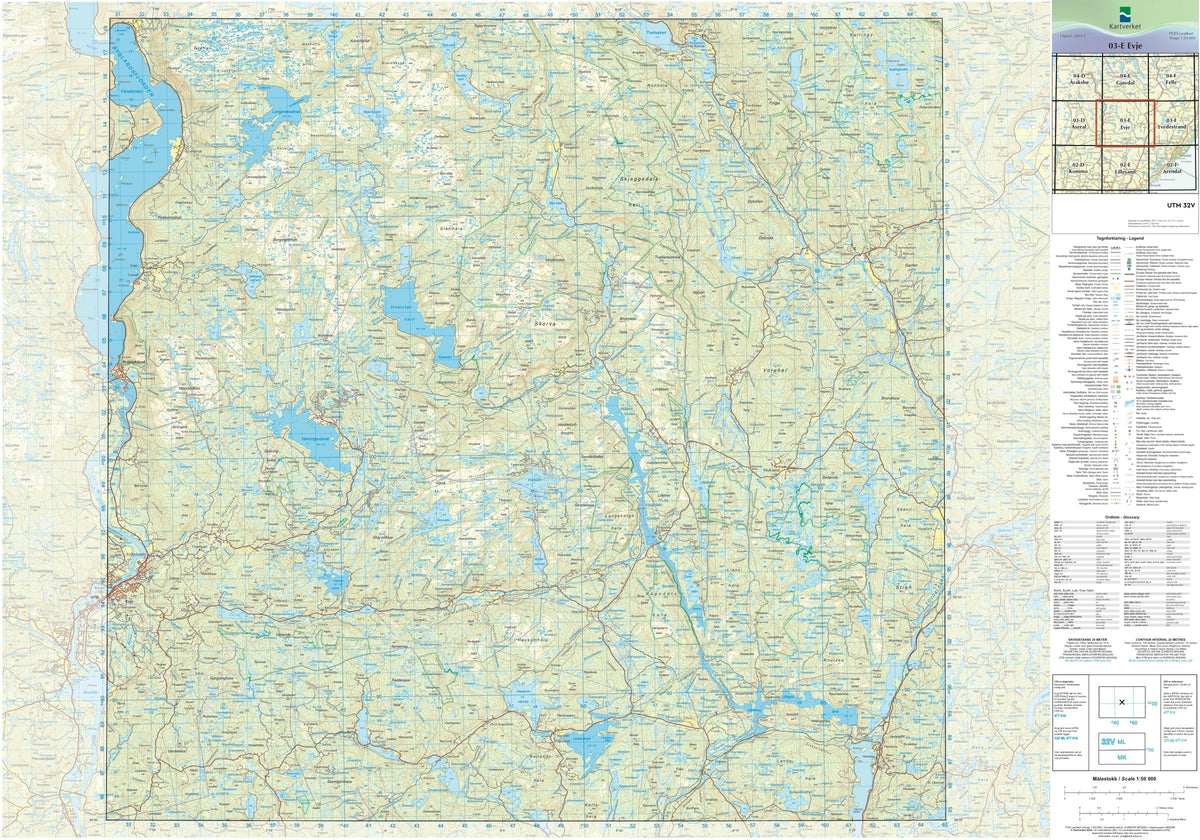 Kartverket N50 kartblad 03-E Evje