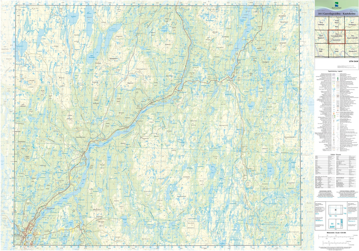 Kartverket N50 kartblad 38-I Guovdageaidnu Kautokeino