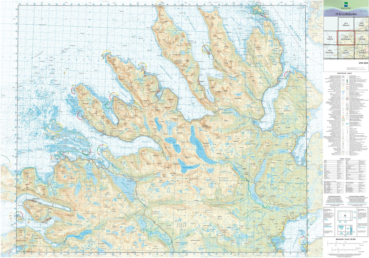 Kartverket N50 kartblad 39-B Gryllefjorden