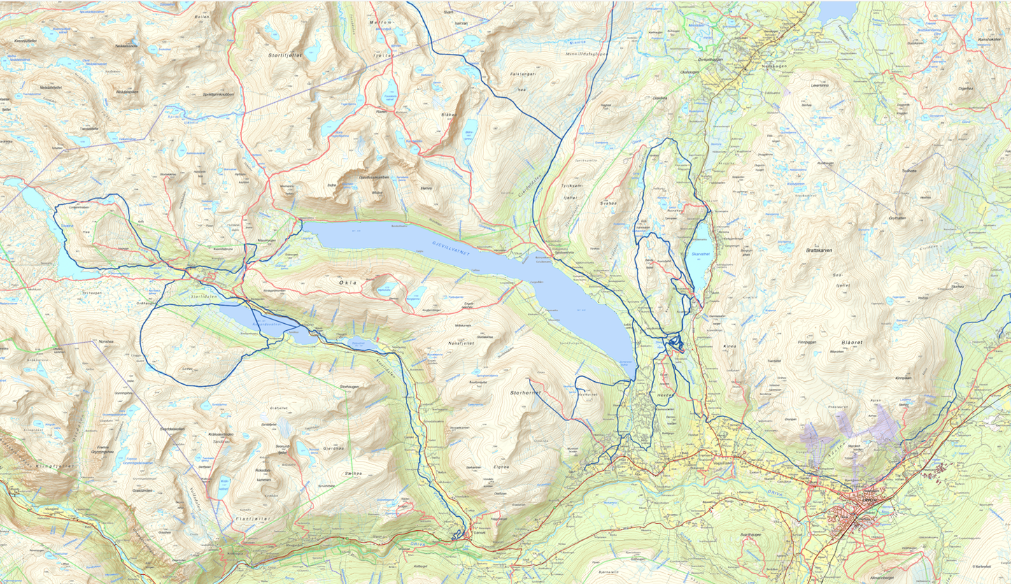 Oppdal kart med ski og fottur ruter inntegnet