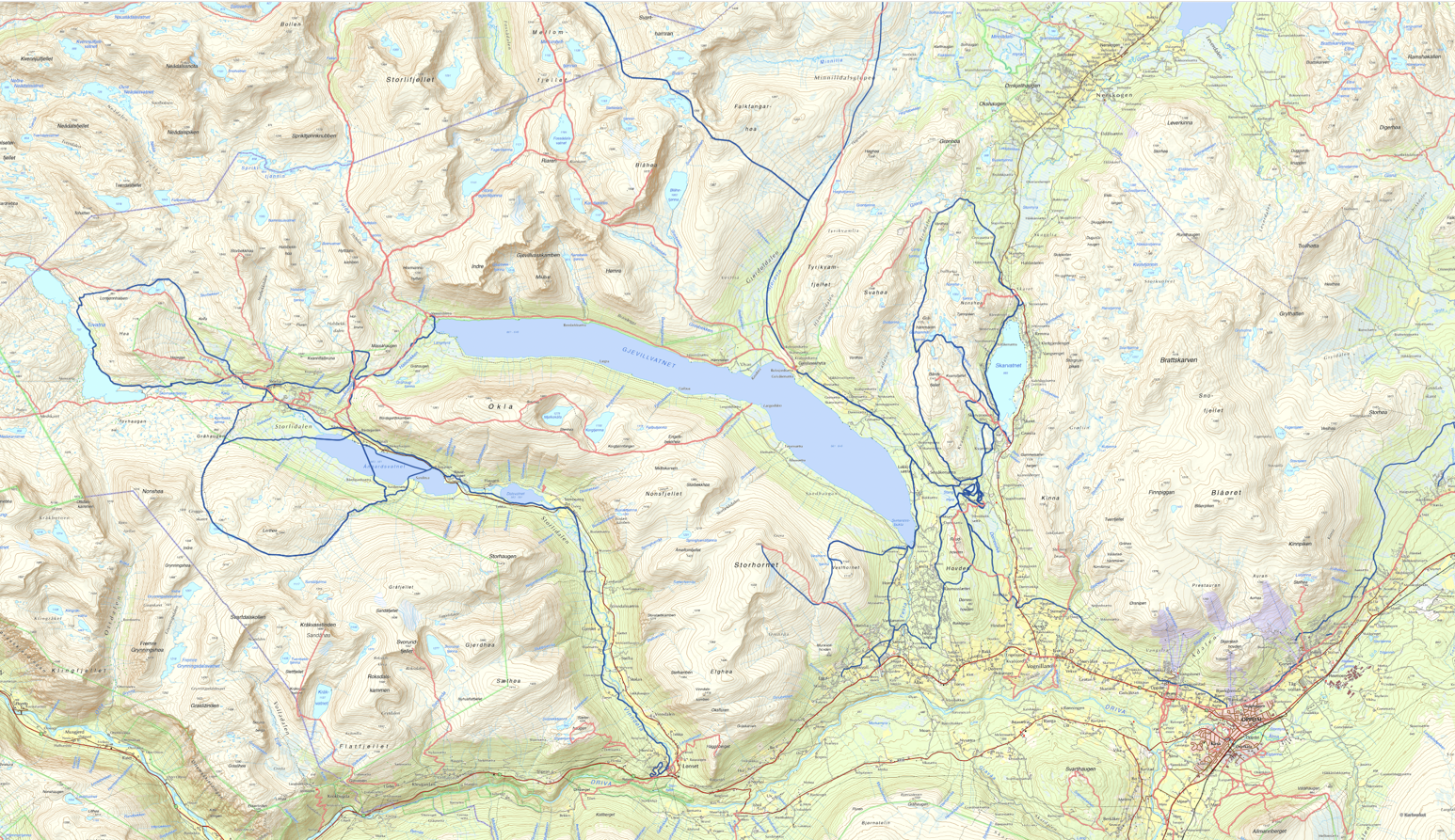 Oppdal kart med ski og fottur ruter inntegnet