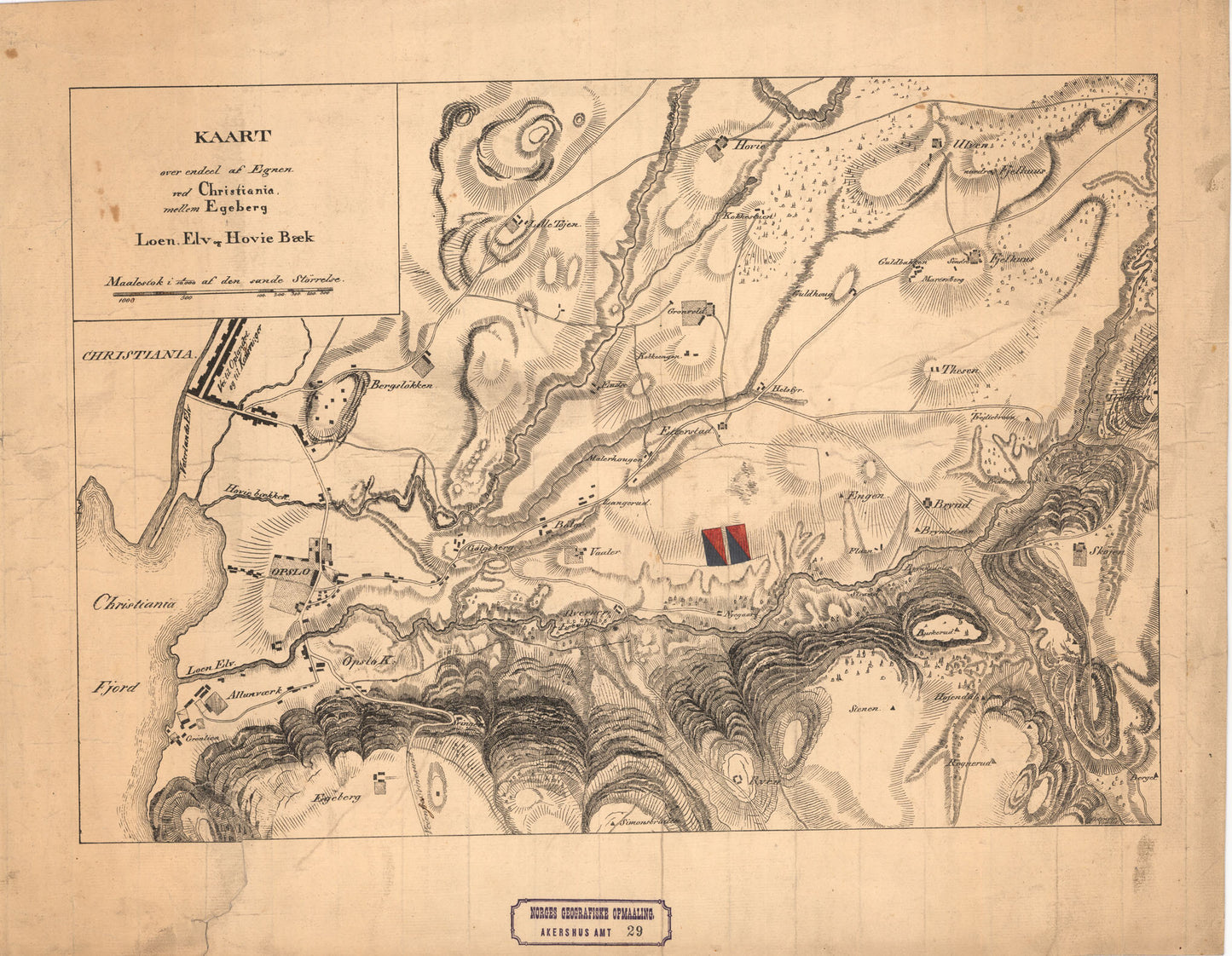 Akershus amt nr 29: Kaart over endeel af Egnen ved Christiania mellem Egeberg; Loen Elv og Hovie Bæk: Akershus