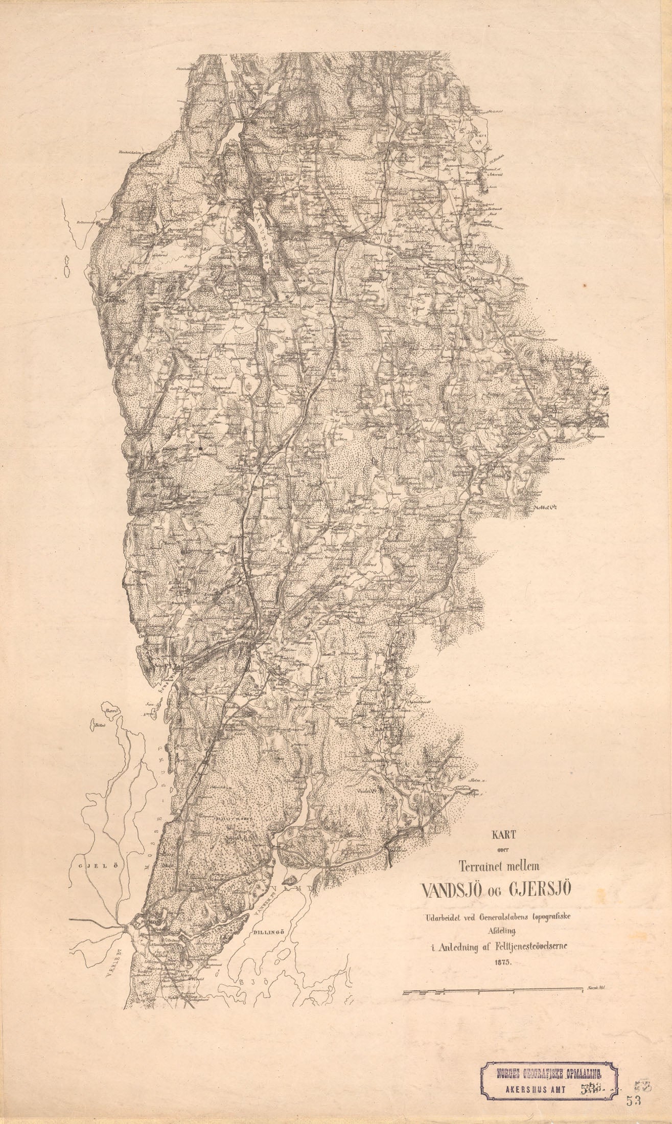 Akershus amt nr 53: Kart over Terrainet mellem Vandsjø og Gjersjø samt over Stillingerne ved Hølen; Vestby og Aas Kirke: Akershus