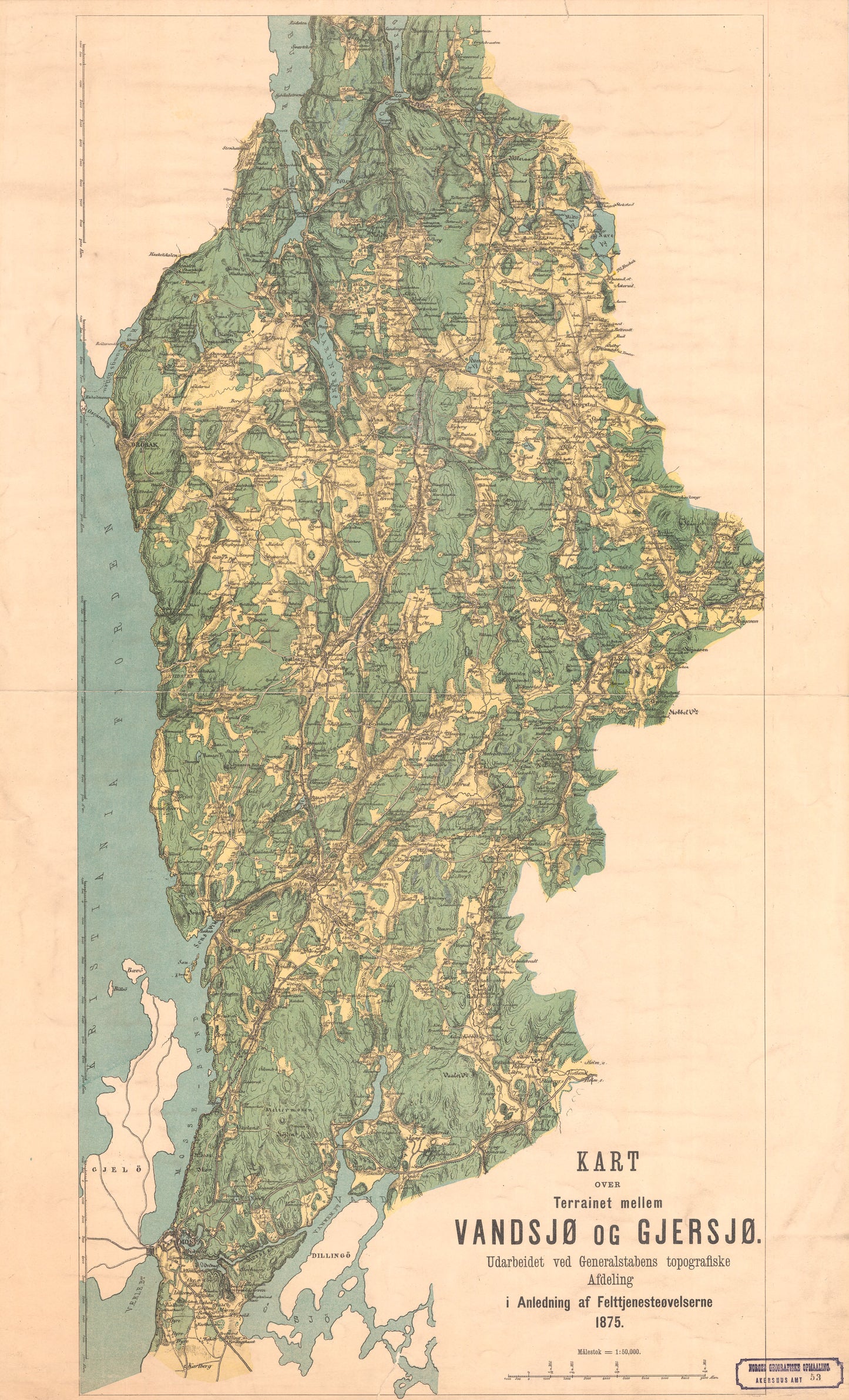 Akershus amt nr 53: Kart over Terrainet mellem Vandsjø og Gjersjø samt over Stillingerne ved Hølen; Vestby og Aas Kirke: Akershus