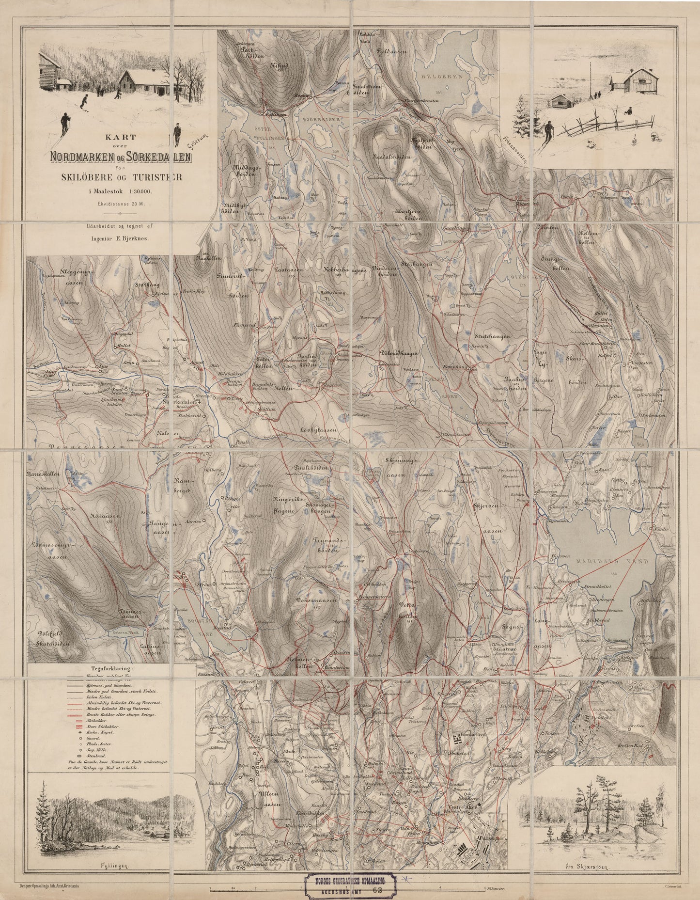 Akershus amt nr 63: Kart over Nordmarken og Sørkedalen: Akershus