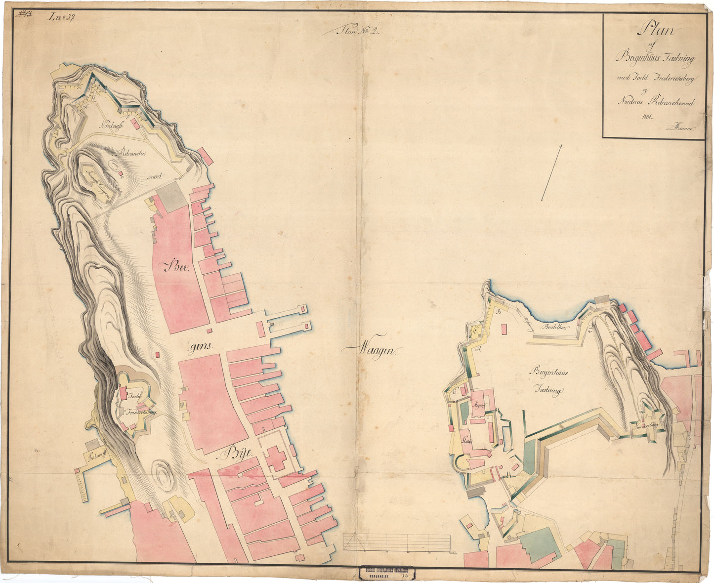 Bergens by nr 15: Plan af Bergenhuus fæstning med Fortet Fridrichsberg og Nordnes Retranchement: Hordaland