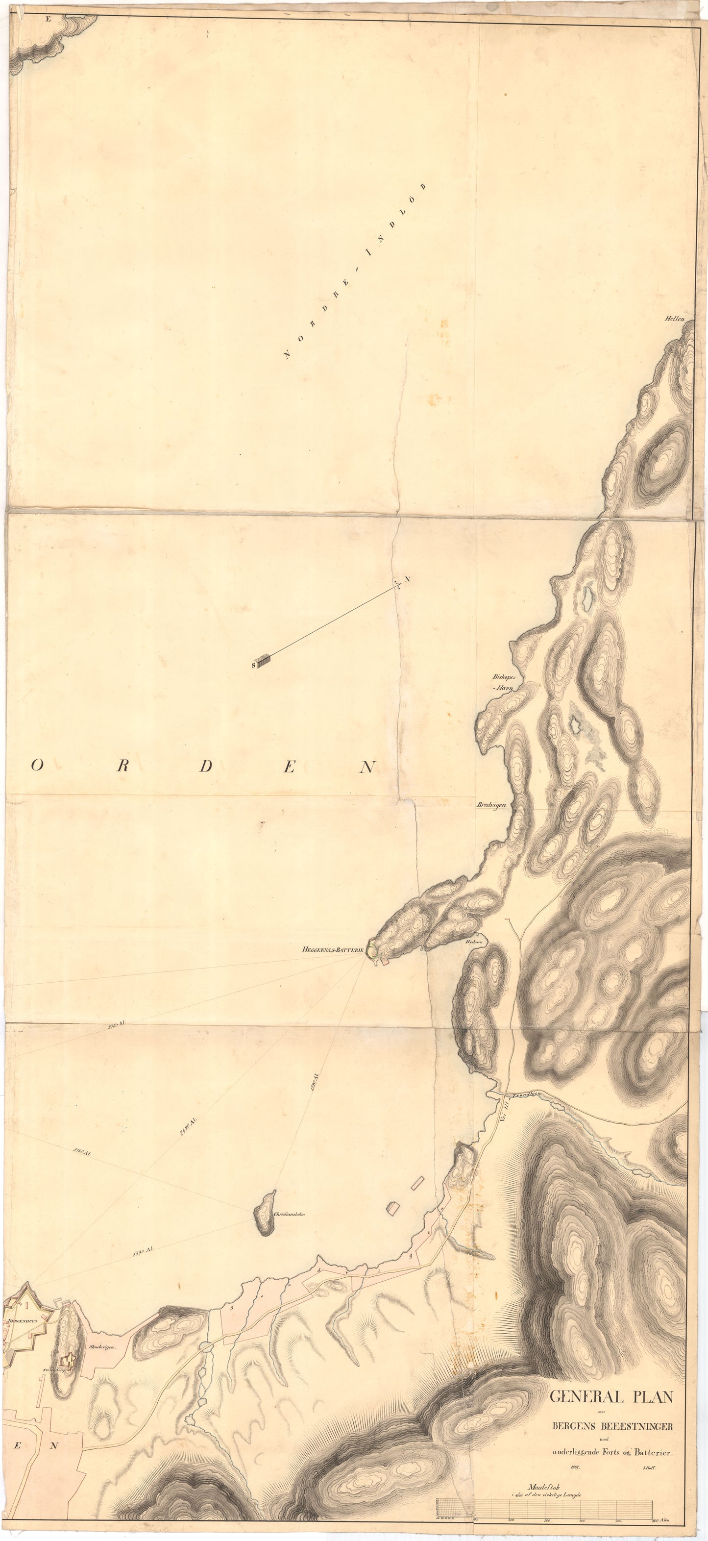 Bergens by nr 19 aust: General Plan over Bergens Befæstninger med underliggende Forts og Fatterier: Hordaland