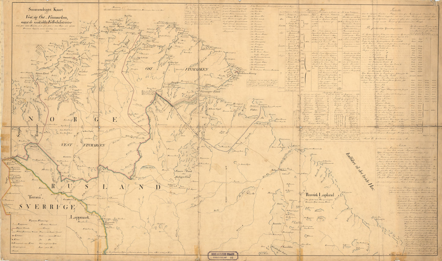 Finmarkens amt nr 22-1: Sammendraget Kart over Øst- og Vestfinmarken samt de saakaldte Fællesdistrikter: Finnmark