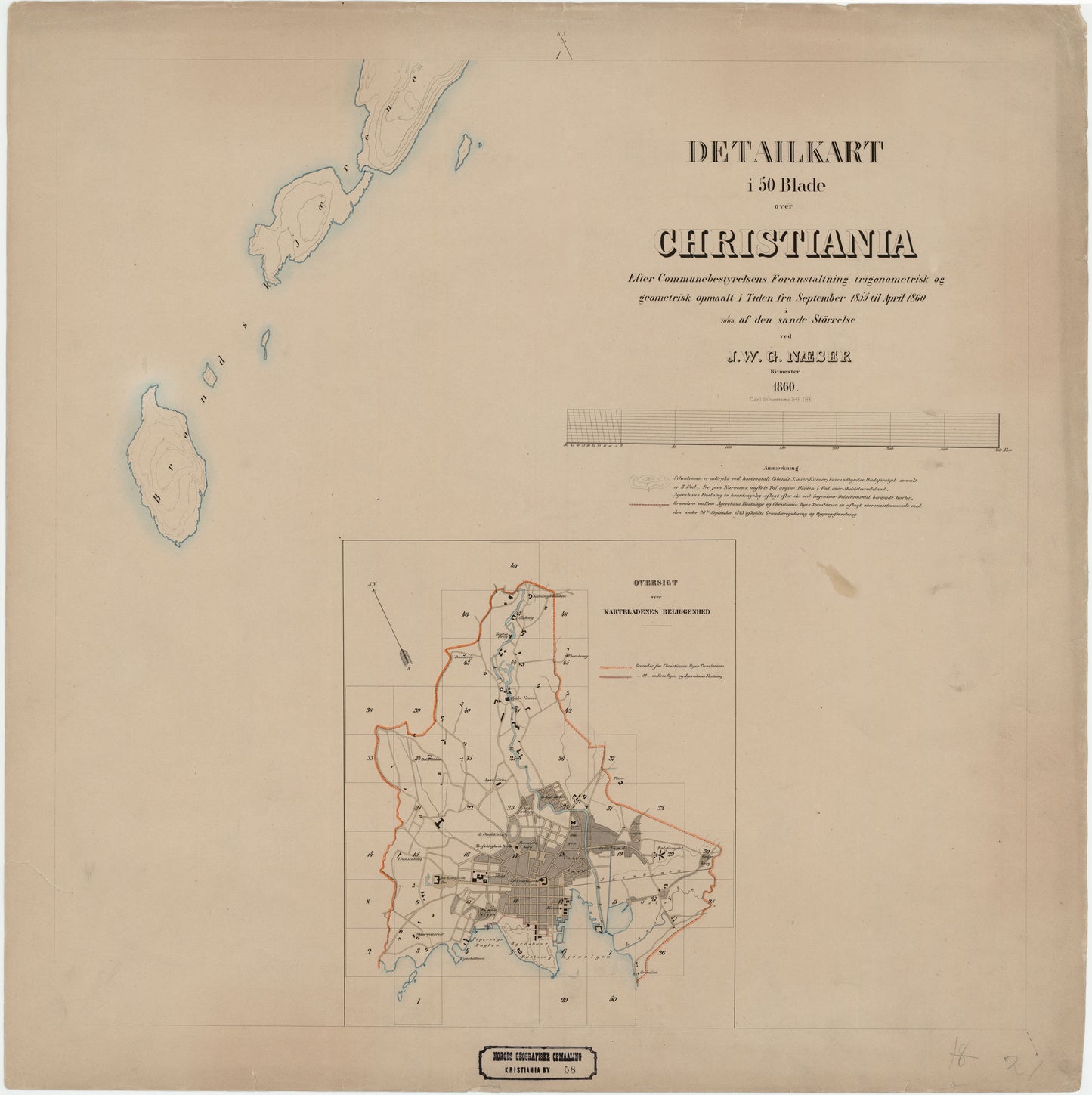 Kristiania amt nr 58: Detailkart over Christiania efter Kommunebestyrelsens Foranstaltning trigonometrisk og geometrisk opmaalt: Oslo