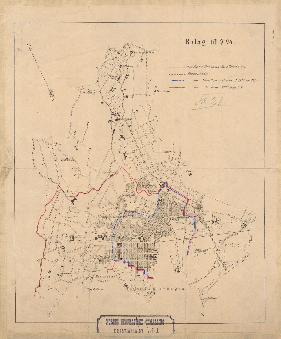 Kristiania amt nr 61: Kart over Christiania Bys Territorium med paalagte Grændser for Murgrændserne: Oslo