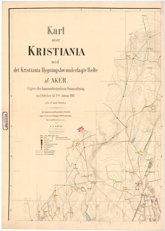 Kristiania amt nr 69: Kart over Kristiania med det Kristiania Bygningslov underlagte Bælte af Aker: Oslo