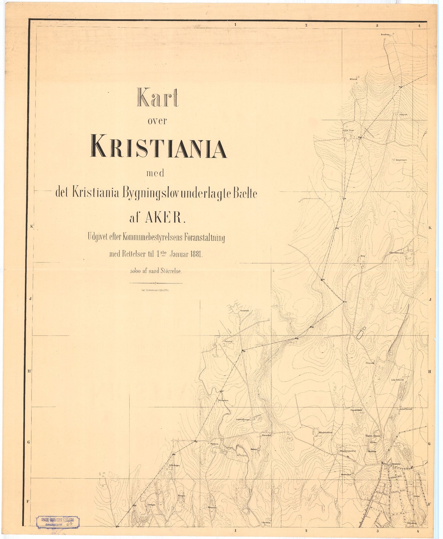 Kristiania amt nr 69: Kart over Kristiania med det Kristiania Bygningslov underlagte Bælte af Aker: Oslo