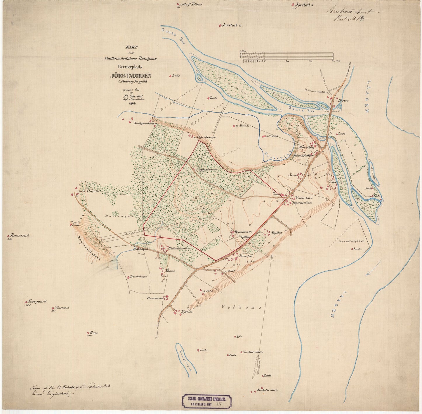Kristians amt nr 17: Kart over Gudbrandsdalens Bataljons Exercerplads Jørstadmoen i Faaberg Præstegjæld. Håndtegnet kopi.: Oppland