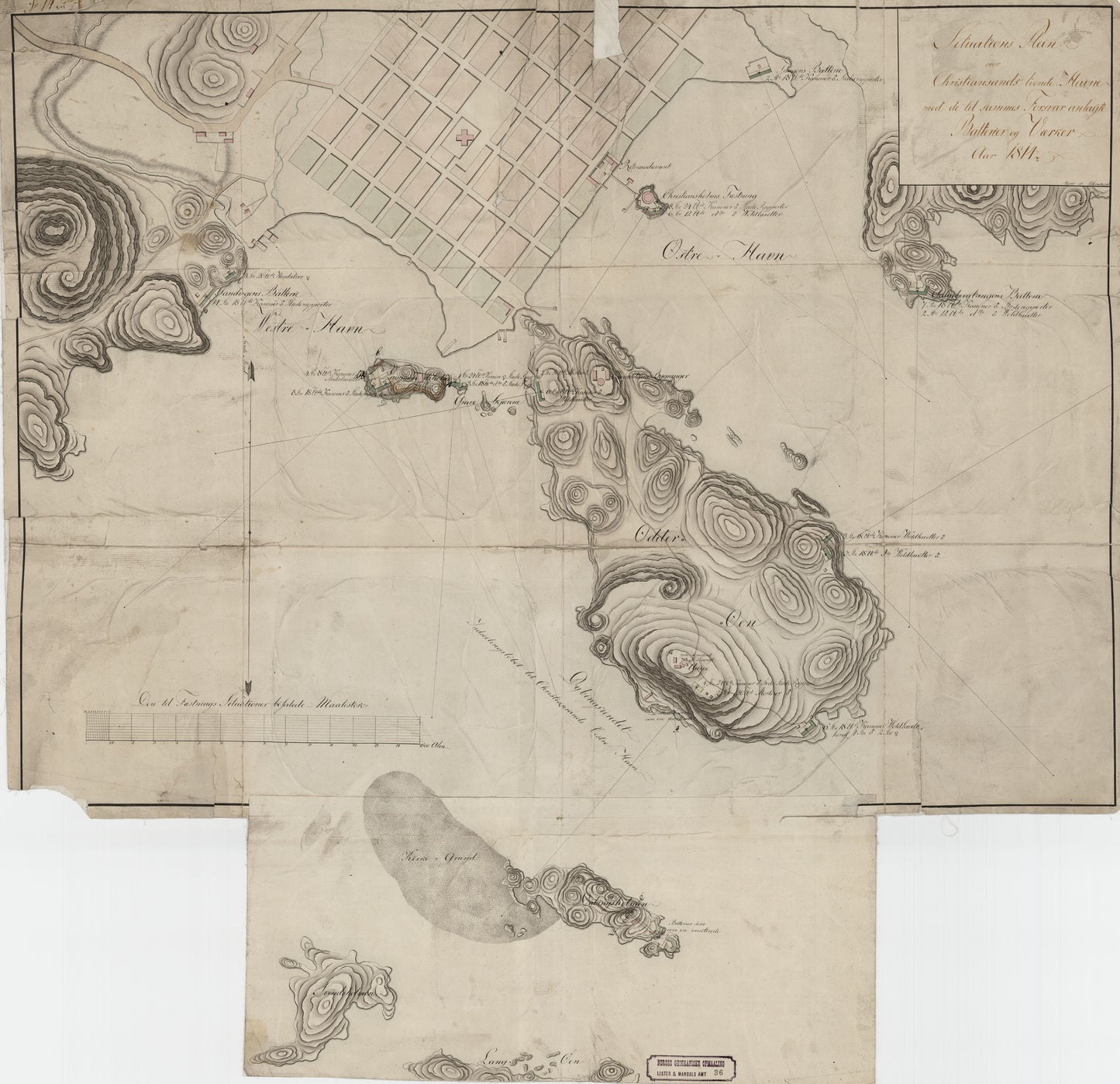 Lister og Mandals amt nr 36: Situations Plan over Christiansands tvende Havne  med de til sammes Forsvar anlagte Batterier og Værker: Vest-Agder