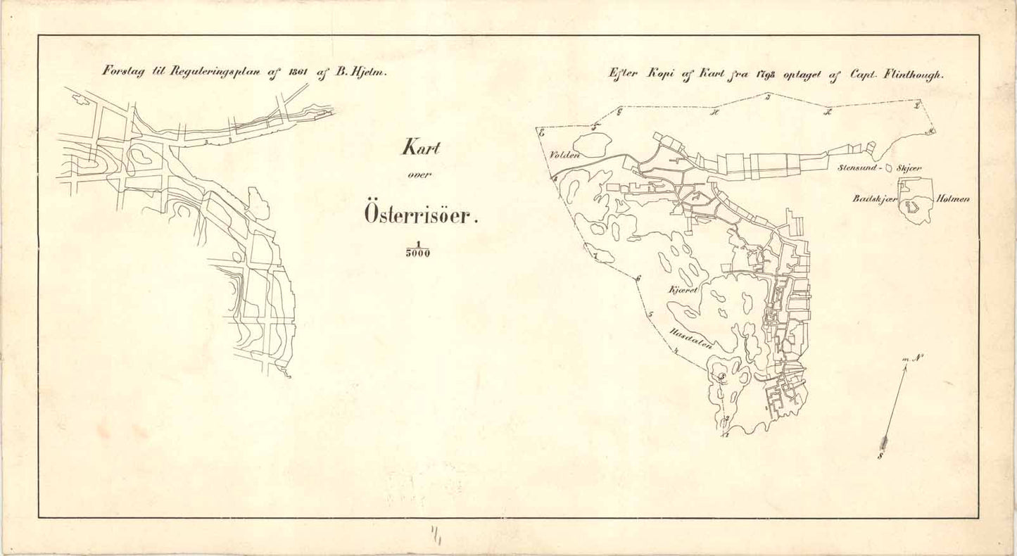 Nedenes amt nr 7a: Kart over Østerrisøer. Forslag til Reguleringsplan af 1861 af B. Hjelm.: Aust-Agder