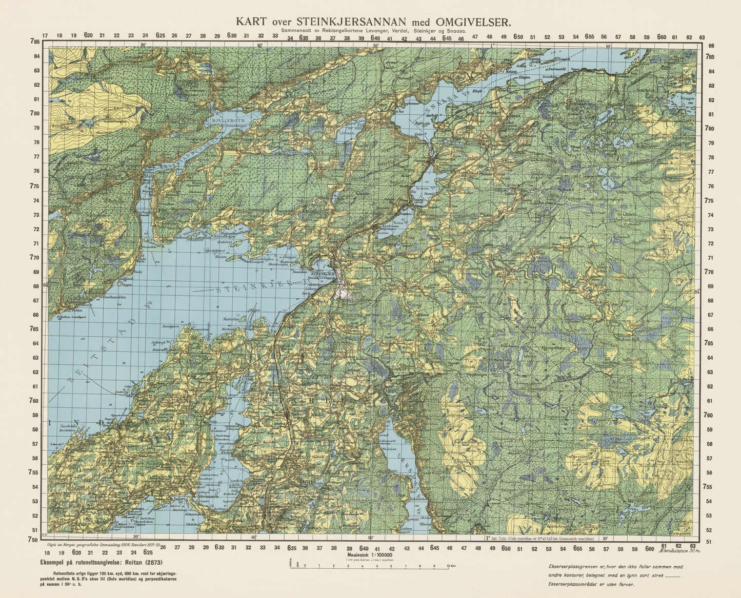 Ekserserplasskart; Kart over Steinkjersannan med omgivelser: Nord-Trøndelag