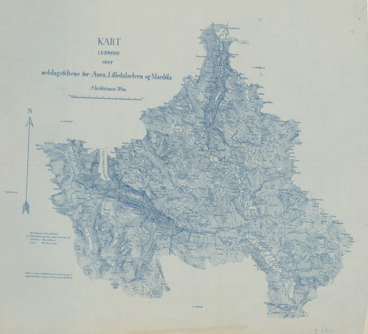 Kart i 1:100000 over nedslagsfeltene for Aura; Lilledalselven og Mardøla: Oppland