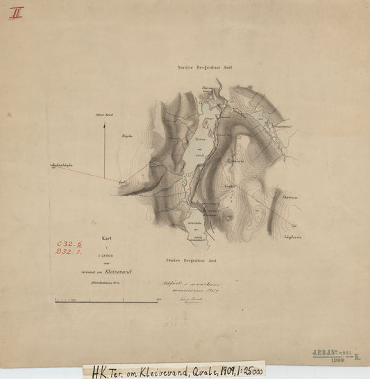 Kart i 1:25000 over terrænet om Kleivevand: Hordaland | Sogn og Fjordane