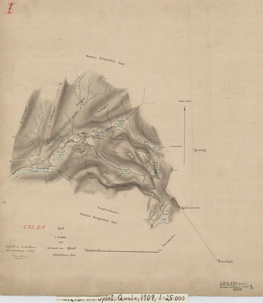 Kart i 1:25000 over terrænet om Opset: Hordaland | Sogn og Fjordane
