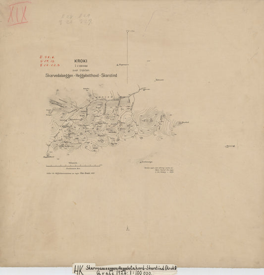 Kroki i 1:100000 over trakten Skarvedalseggen - Heggebotthovd - Skarstind: Oppland