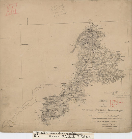 Kroki i 1:100000 over terrenget Snenuten Vassdalseggen: Rogaland | Telemark | Vest-Agder