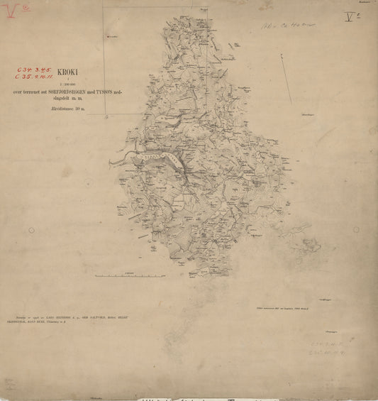 Kroki i 1:100000 over terrænet øst Sørfjordseggen med Tysso`s nedslagsfelt m. m.: Hordaland
