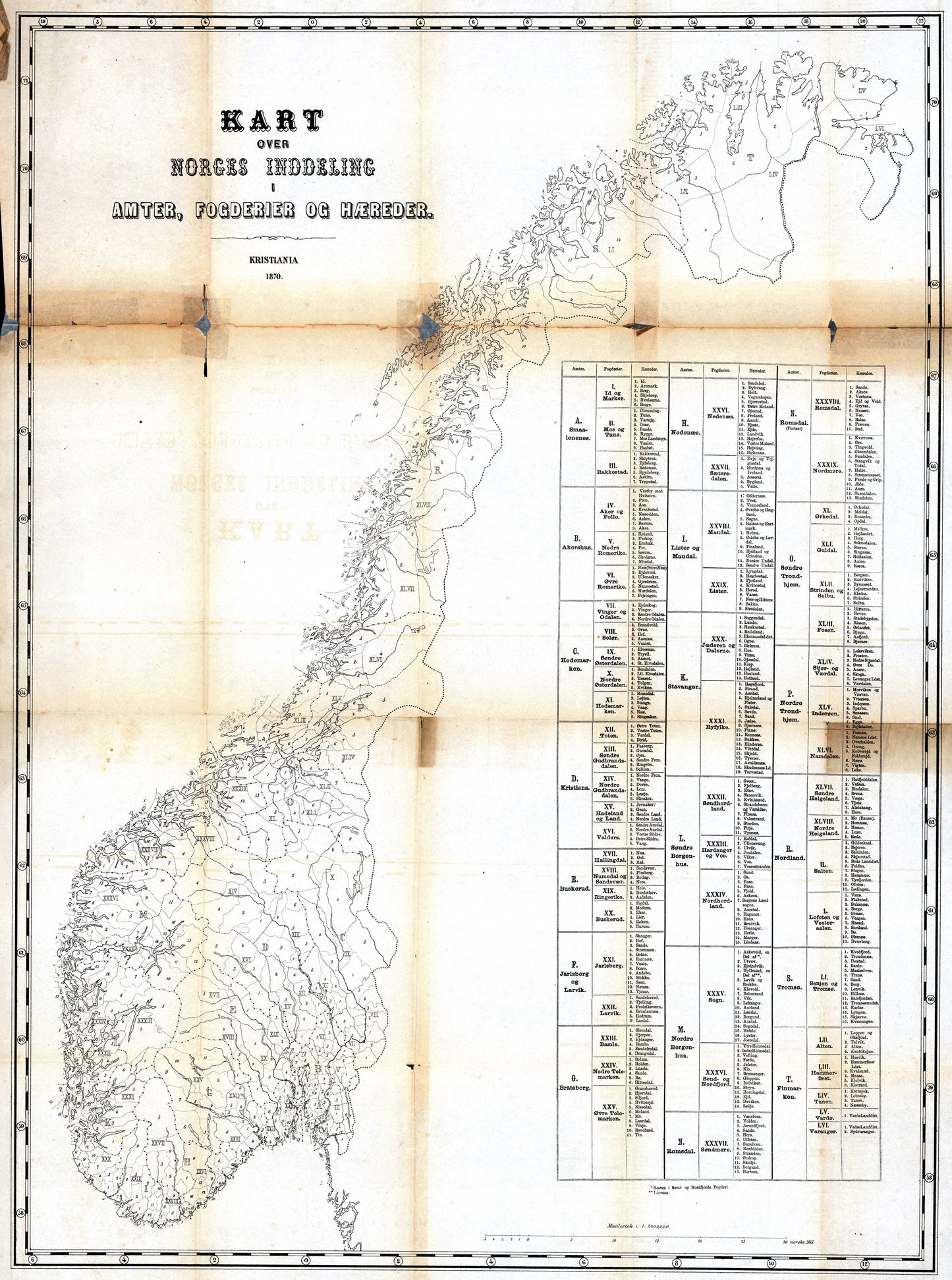 Kart over Norges inddeling i amter; fogderier og hæreder: Norge