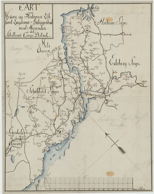 Kartblad 10-2: Cart over Weyene og Flodernes Løb samt Lægdernes Beliggenhed i det Schibtvetske Compagnie District, verson 2: Østfold