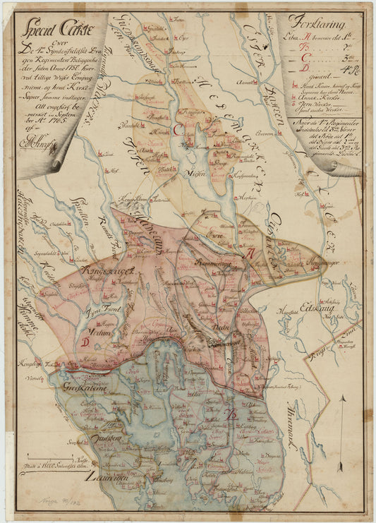 Kartblad 172: Speciel Carte af de 4re sündenfieldske Dragonregimenters Beliggenheder siden Anno 1750; hvorved tillige wiises Compagnierne og hvad Kiercke-Sogner samme indtager.: Akershus