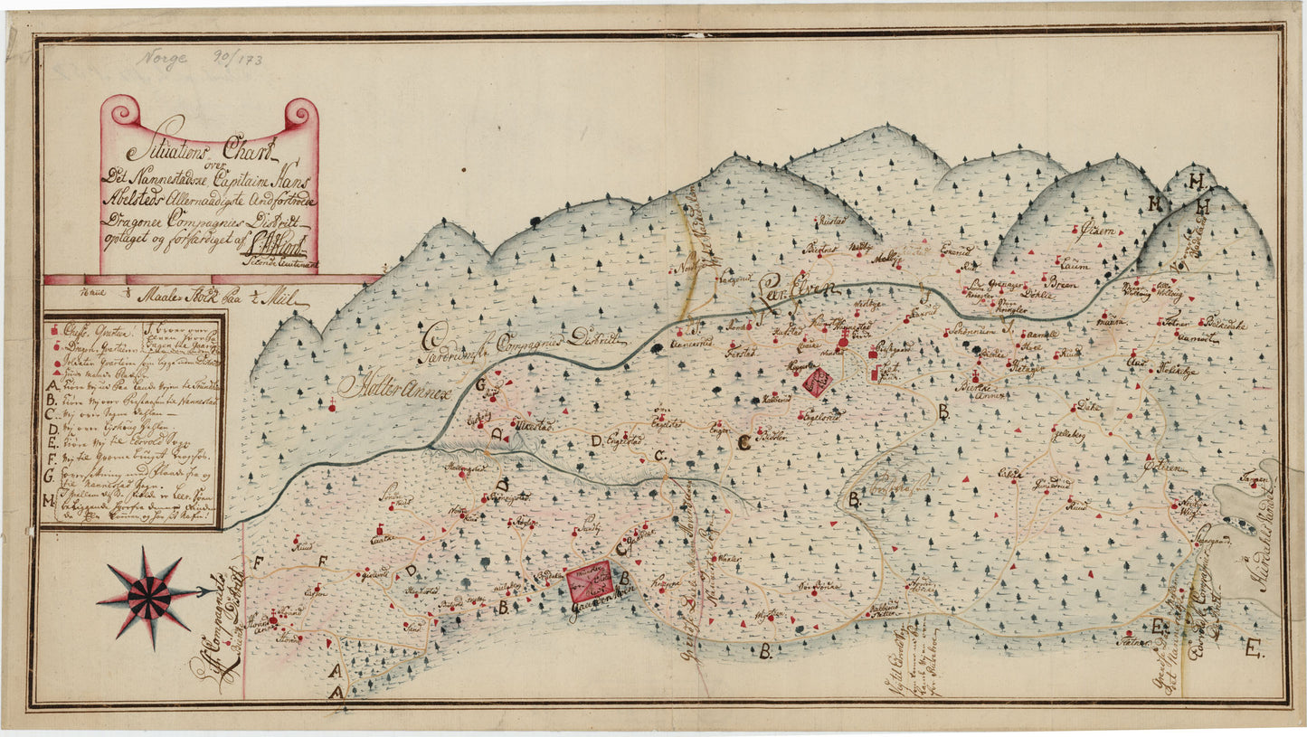 Kartblad 173: Situations Chart over det Nannestadske Captain Hans Abelsteds andfortroede Dragoner Compagni District: Akershus