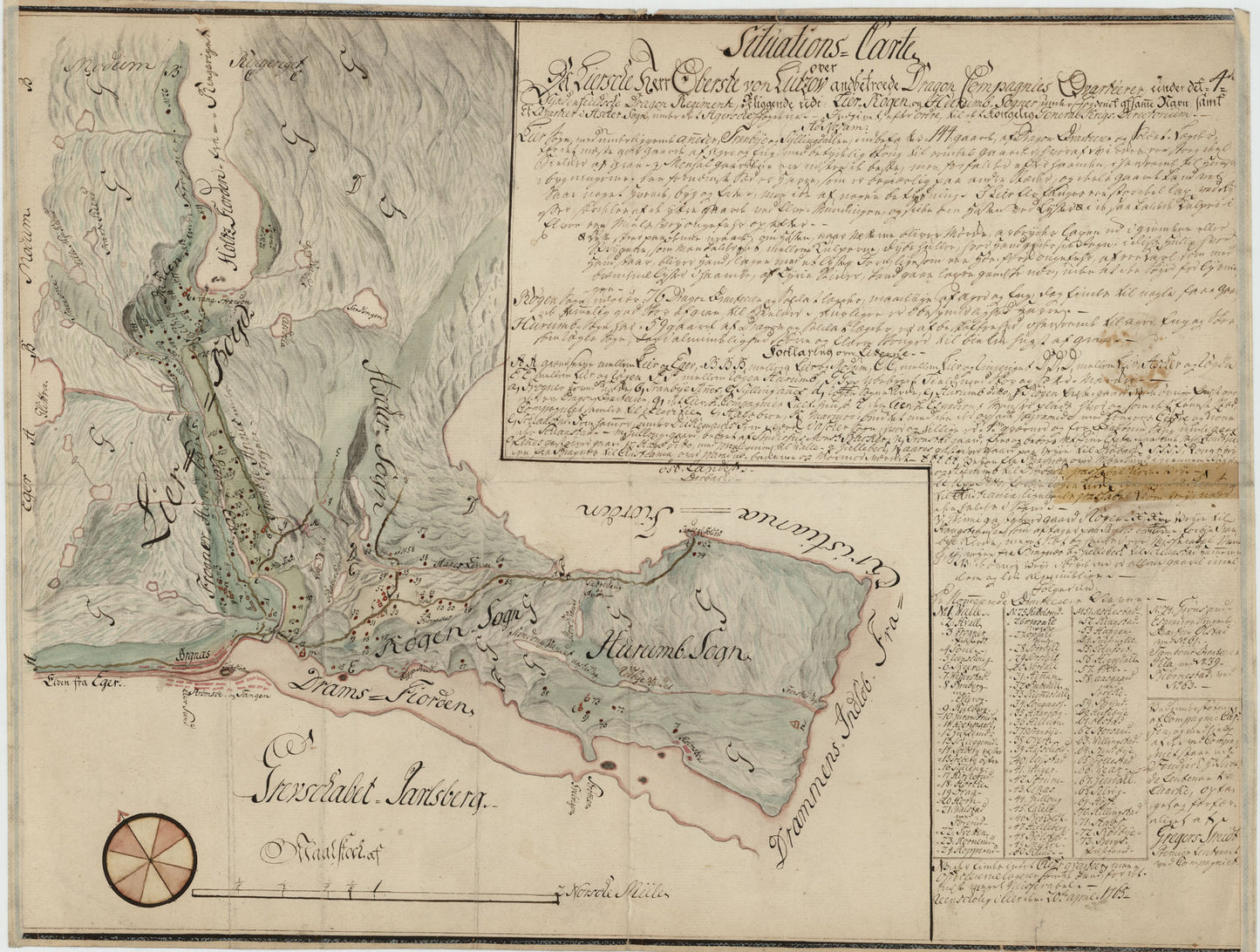 Kartblad 174-1: Situations Charte over det Liersche Herr Oberst von Lützow anbetroede Dragon Compagnie; versjon 1: Buskerud