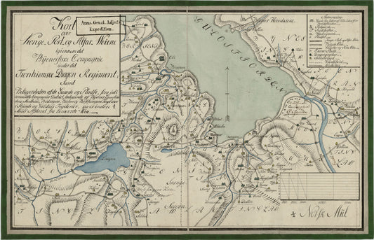Kartblad 178: Kart over Konge- Post- og Alfar-Weiene igiennom det Byenæsiske Compagnie under det Trondhiemske Dragonregiment: Sør-Trøndelag