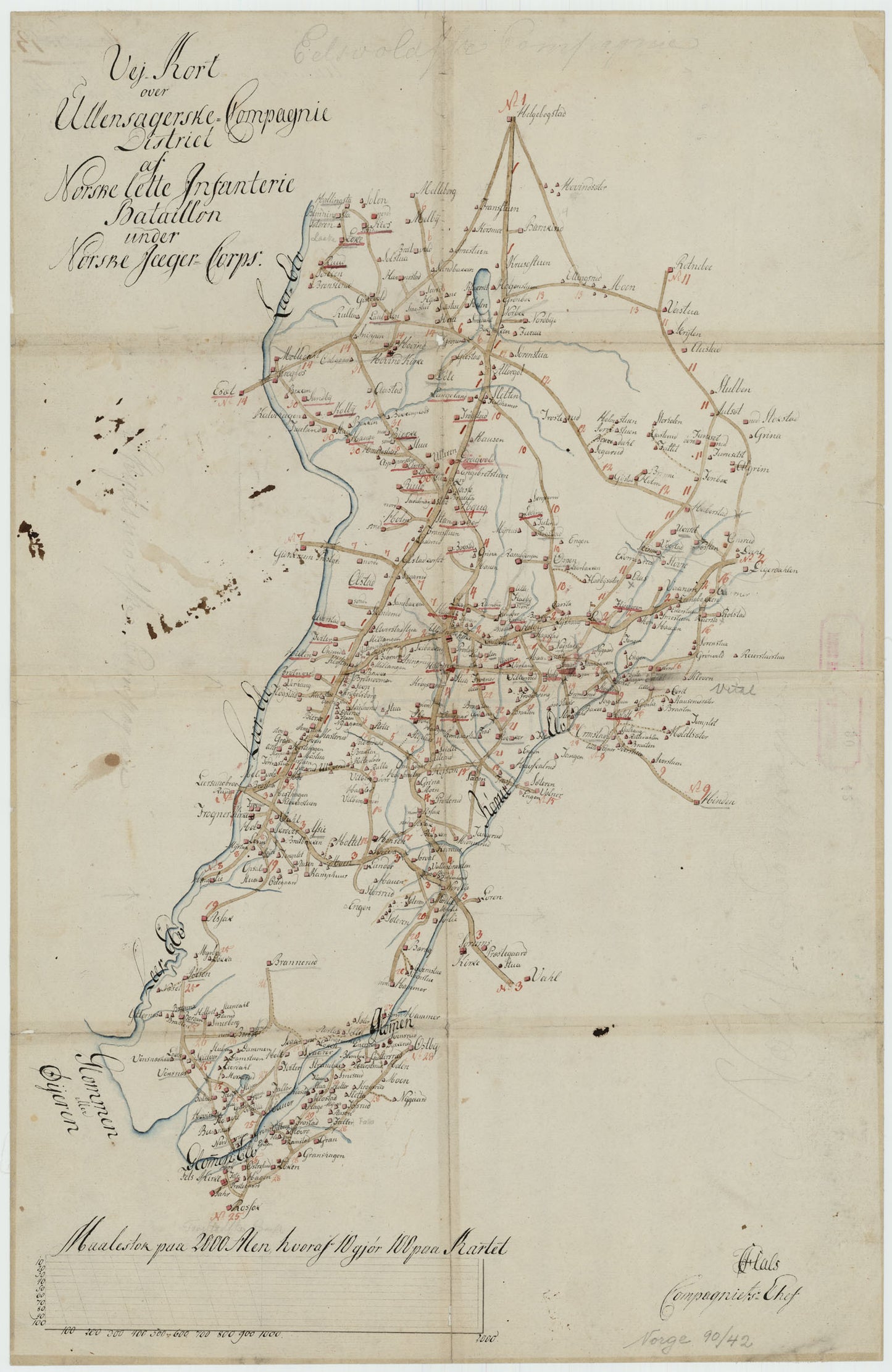 Kartblad 42: Vej-Cort over det Ullensagerske Compagnies District (Under Norske Jægerkorps): Akershus