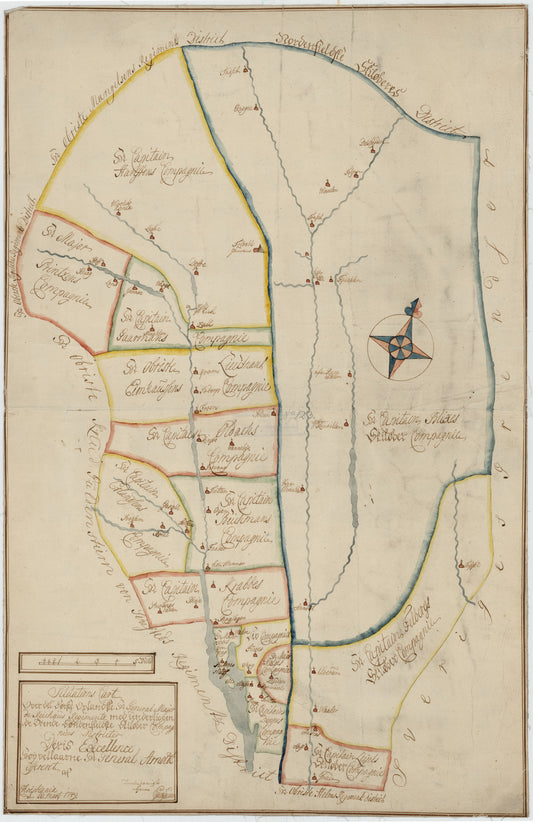 Kartblad 47: Situations Carte over det Første Oplandske Herr Generalmajor de Reichaus Regiment med underliggende trende sønfieldske Skiløber Compagniers Districter: Hedmark